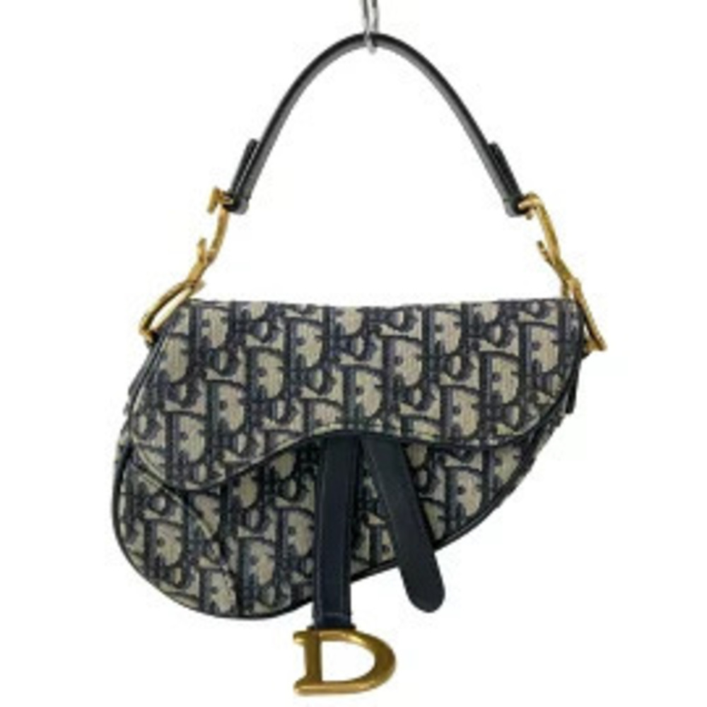 Christian Dior Saddle Bag Trotter Handbag Navy Blue x Ivory White Leather